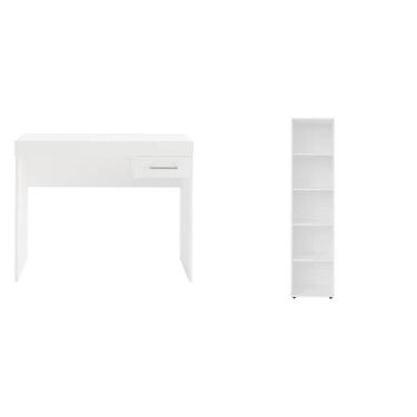 Imagem de Kit 2 Peças Com Escrivaninha Com Gaveta E Estante Para Livros 5 Prateleiras Branco