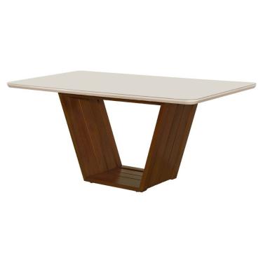 Imagem de Mesa De Jantar Luxo Retangular 160x90 MDF Vidro Para 6 Lugares Pés Madeira Maciça Safira Imbuia Off White