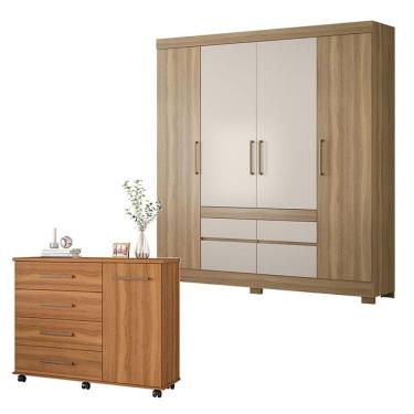 Imagem de Cômoda e Guarda Roupa Casal Flora Bilbao 5 Portas Giratórias 8 Gavetas em MDP Amêndola...