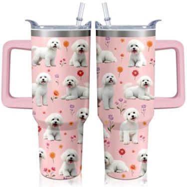 Imagem de Copo maltês de 1,134 g com alça e canudo, copo isolado de aço inoxidável de cachorro fofo com tampa e canudo, garrafa de água de caneca de café de viagem, presentes de aniversário do dia das mães para