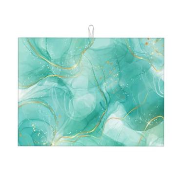 Imagem de TNOKKU Tapete De Secagem Louças Em Mármore Azul-Petróleo Dourado Para Bancada Cozinha, Verde Turquesa 18X24" Moderno, Absorvente E Reversível, Escorredor