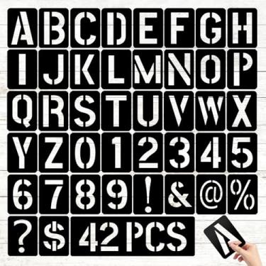 Imagem de Estênceis de letras de 7,6 cm para pintura, 42 peças de estênceis de artesanato do alfabeto símbolo, kit de modelos de números reutilizáveis em madeira, parede, tecido, pedra, sinalização, projetos de