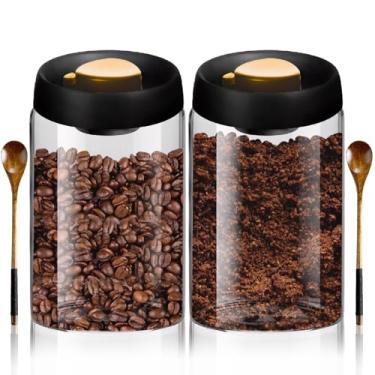 Imagem de SEILETOO 2 Latas De Café A Vácuo Com Tampas Herméticas E Colheres Pau Para Café, Kit Selador Potes Vidro Borossilicato, Acessórios Bar Borras, Chá, Grãos, Especiarias, Açúcar, 1200Ml