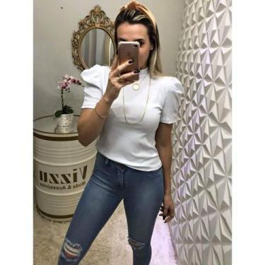 Imagem de Blusa feminina  gola alta manga curta princesa bufante malha canelada 