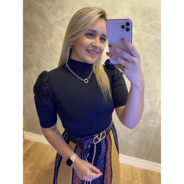Imagem de blusa feminina gola alta manga curta princesa bufante malha canelada e