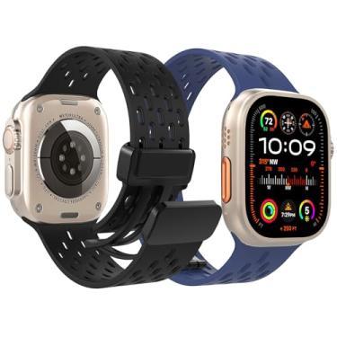 Imagem de WinReir Pulseira magnética esportiva compatível com Apple Watch Ultra 2 /Ultra de 49 mm/42 mm/44 mm e 45 mm, pacote com 2 pulseiras de silicone macio à prova d'água para Apple Watch Series SE 9, 8, 7,