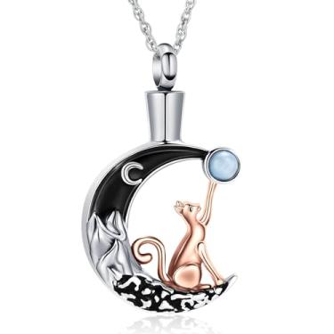 Imagem de shajwo Colar de urna de gato da lua para cinzas, joia memorial de cremação, pingente de cinzas para mulheres e homens, Aço inoxidável, Sem Pedra Preciosa