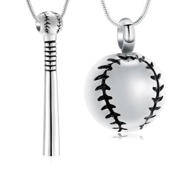Imagem de Hearbeingt 2 peças de colares de urna de beisebol para cinzas taco de beisebol de aço inoxidável, joia de cremação, pingente memorial para mulheres e homens, pingente Ashe, Aço inoxidável, Sem Pedra