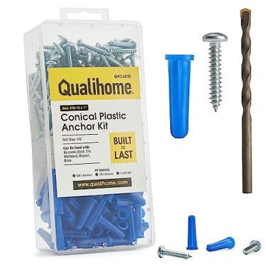 Imagem de QUALIHOME Kit de âncoras e parafusos de concreto cônico, âncoras de parede cônicas de plástico para luminárias leves em concreto, bloco, tijolo e mais, pacote com 100 âncoras de concreto, parafusos e 1 broca de 0,6 cm