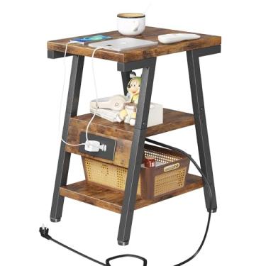 Imagem de Homeiju Mesa Lateral Com Estação De Carregamento, Mesas Laterais Pequenas Lucky 7 Em Formato Metal, Cabeceira 3 Níveis, Tomadas E Portas Usb, Pés Niveladores Ajustáveis, Para Sala Estar, Quarto (Mar