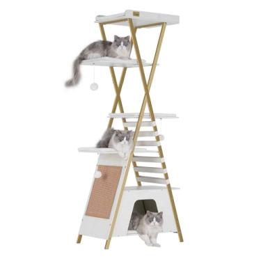 Imagem de FourFurPets Árvore para gatos de 183 cm, torre moderna para gatos internos, condomínio de vários níveis com cavernas, árvore alta para gatos com tábua de arranhar, torre de madeira para gatos com