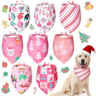 Imagem de Sanwuta 8 peças de bandanas para cães de Natal, fantasia rosa, árvore de Natal, triângulo, cachecol para fêmeas, babadores, cachecol ajustável para decoração de acessórios de fantasia de Natal