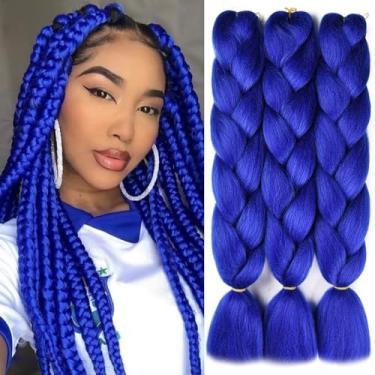 Imagem de SuCoo Extensão de cabelo para trança jumbo Kanekalon sintético de fibra de alta temperatura para crochê trançado com pequenos presentes grátis 61 cm 3 peças/lote £¨Azul royal)