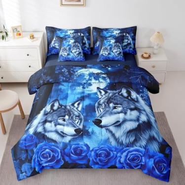 Imagem de Erosebridal Jogo de cama solteiro de lobo, céu estrelado azul, lua e safári rosa, safári, vida selvagem, 7 peças, para decoração de quarto de mulheres, adolescentes e crianças