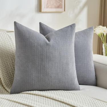 Imagem de FUTEI Conjunto de 2 capas de almofada decorativas cinza escuro 45,7 x 45,7 cm, estampa listrada de orelha de trigo, decoração de casa moderna para sofá-cama sala de estar