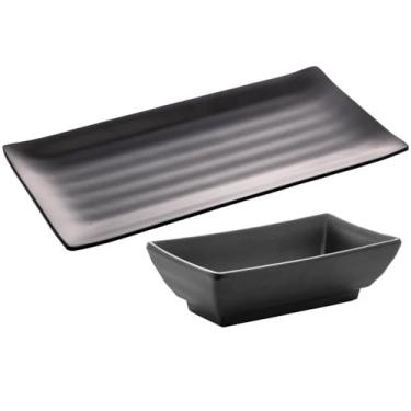 Imagem de Prato de Sushi e Molheira 60ml Shoyu Melamina Preto Tóquio Lyor Plástico Comida Japonesa
