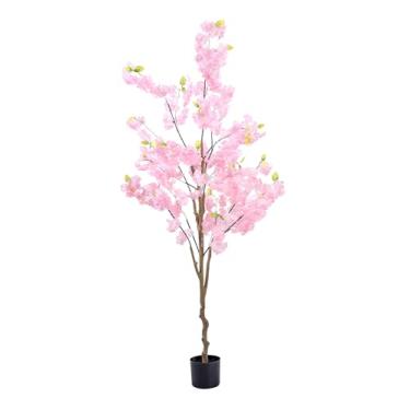 Imagem de Decoração de árvore de cerejeira artificial: árvore de cerejeira sintética rosa realista de 1,8 m de altura, feita à mão, flor falsa de seda realista para festa, casamento, Natal, decoração interna e