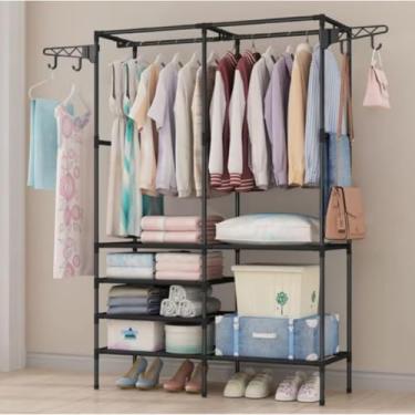 Imagem de Arara Guarda-Roupa Portátil com Prateleiras, Organizador de Roupas com Cabideiro, Estrutura de Metal Preta, Armário Multiuso para Closet