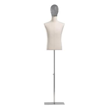 Imagem de Manequim masculino de fibra de vidro, torso de juta, expositor de roupas em metal vazado, altura ajustável de 65 a 79 pol.(Square base)