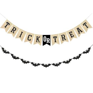 Imagem de CUUSNNY Faixa de serapilheira de Halloween, faixa de estopa pré-amarrada para doces ou travessuras, guirlanda de morcego com glitter para decorações de Halloween, suprimentos de festa