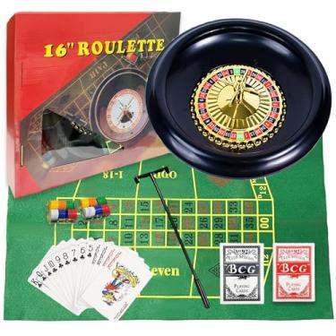 Imagem de IIDEA Jogo de roleta profissional de 40,6 cm com 120 fichas, 2 baralhos de cartas, tapete de mesa de jogo reversível, ancinho e bolas, jogos de cassino adequado para roleta e Texas Hold'em