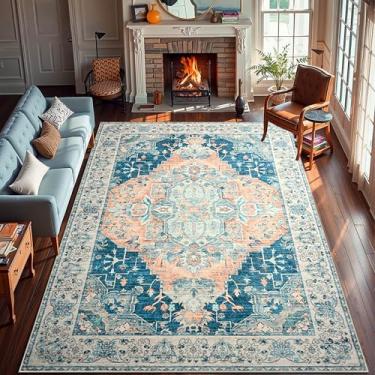 Imagem de YJ.GWL Tapetes de área para sala de estar, 20 x 25 cm, laváveis à máquina, antiderrapante, abstrato, vintage, boho, tapete interno, tapete grande para sala de jantar e cozinha, azul escuro