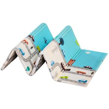 Imagem de Tapete Infantil Quarto Criança Grande Dobravel Com Bolsa Passeios Dupla Face Antiderrapante Emborrachado Carros Azul