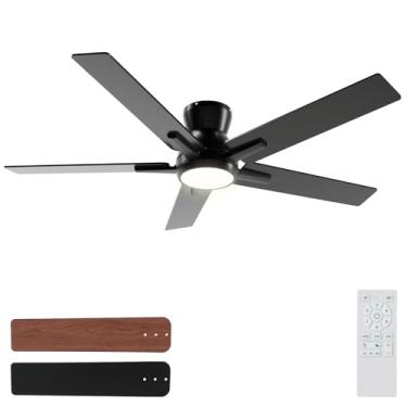 Imagem de Sevenine Ventiladores de teto pretos de 52 polegadas com luzes e controle remoto, ventilador de teto preto de baixo perfil para quarto, sala de estar, pátio/ao ar livre, motor CC reversível silencioso