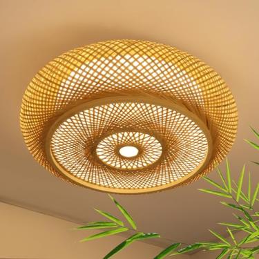 Imagem de TRUWELLA Luminária de teto estilo rattan de bambu de 59,9 cm, luminária de teto boho com controle remoto, luz de teto regulável de LED, luminária boho para quarto, sala de estar, sala de jantar