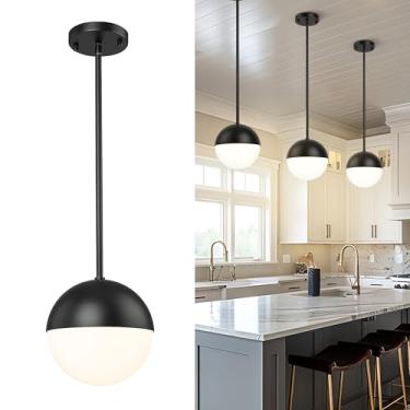 Imagem de LMS Luzes pendentes pretas de 20 cm ilha de cozinha, luz pendente de globo moderno com vidro fosco, luminária suspensa contemporânea de meados do século para cozinha ilha pia quarto banheiro, LMS-186