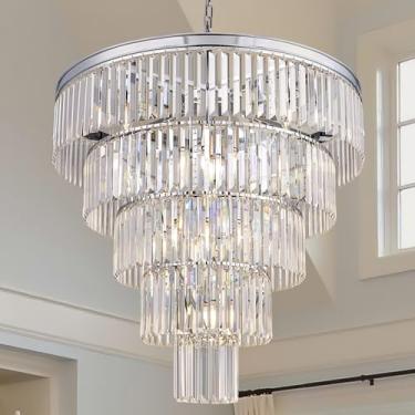 Imagem de TOCHIC Lustre de cristal grande com 10 luzes de 80 cm, lustres modernos modernos de cristal cromado de 5 camadas, luz de teto redonda Raindrop K9 para banheiro, escada, entrada, sala de jantar, hall