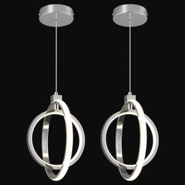 Imagem de BNHHLZ Lustre de LED moderno anel cromado luminárias pendentes 4000 K altura regulável iluminação pendente para sala de jantar, cozinha, ilha, quarto, sala de estar (2 unidades)..