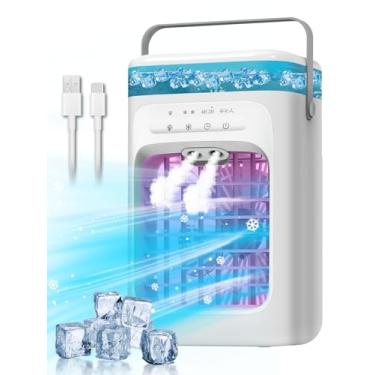 Imagem de Ar condicionado portátil, mini unidade CA portátil evaporativa com 3 velocidades e 2 névoas, oscilação de 120°, 7 luzes coloridas temporizador 2-4H, ventilador de refrigeração pequeno para quarto