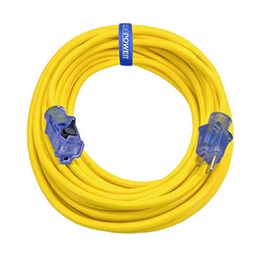 Imagem de Clear Power Cabo de extensão resistente SJTW de 15,2 m 14/3 com conector de travamento iluminado, amarelo, resistente à água, clima e dobras, retardador de chamas, plugue aterrado de 3 pinos, CP10130