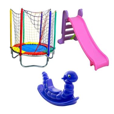 Imagem de Kit Infantil Cama Elástica 1,40m Escorregador Médio Gangorra Minhoca