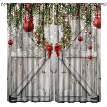 Imagem de Cortinas de bola de Natal, Dreamy Snowy Gliiter Vermelho Prata Guirlanda de Natal Padrão de Porta de Madeira Rural Tratamentos de Janela, Cortinas Blackout Rod Pocket para Sala de Estar, Quarto