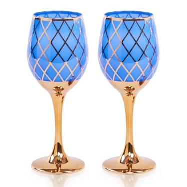 Imagem de CretFine Conjunto de 2 taças de vinho douradas azuis e douradas, taças decorativas coloridas de cristal extravagante, taças de cobalto para presentes, casamento, festival, aniversário, ação de graças,
