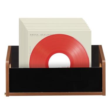 Imagem de Tcwhniev Porta-discos de vinil de madeira trapezoidal, caixa de disco de vinil trapezoidal multiuso de grande capacidade com alça, caixa organizadora de mesa para álbuns de arquivos de CD de livros de