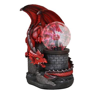 Imagem de Ebros Grande Dungeons and Dragons Red Fire Dragon Guarding Castelo com Esfera de Plasma Elétrico Lâmpada de Bola Estátua 28 cm de altura, Parafusos Piscantes, Luzes Relâmpagos Furiosos Decoração