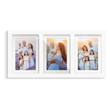 Imagem de DUENPY Porta-retrato 12 x 18 cm, colagem para 3 fotos feita de vidro de alta definição, tapete para exibição de 10 x 15 cm, colagem, foto para decoração de parede, branco