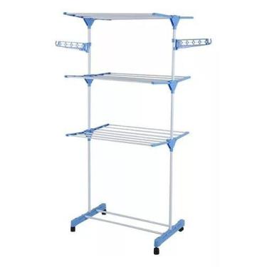 Imagem de Varal De Chão Pra Roupa Inox 3 Três Andares Retrátil Cor Azul - SG UTI