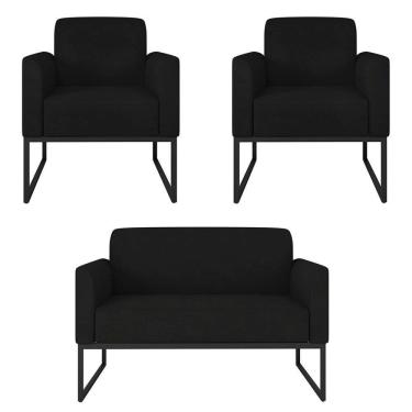 Imagem de Kit Namoradeira e 2 Poltronas Decorativas Base Industrial Preta Maressa S07 Suede Preto - Ibiza