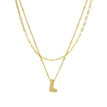 Imagem de Tasunom Colar com inicial de camada dupla, banhado a ouro 14K, pingente de letra de cristal CZ disponível, A-Z, Medium, Latão, Sem Pedra Preciosa