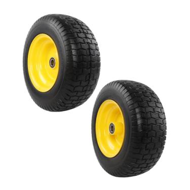 Imagem de HQPASFY Pneu e roda livres de 40 x 16 cm a 8, pneus de borracha sólida para cortador de grama dianteiro com aro amarelo, rolamento de 2,5 cm, cubo deslocado de 7,5 cm, cortador de grama e pneu e roda