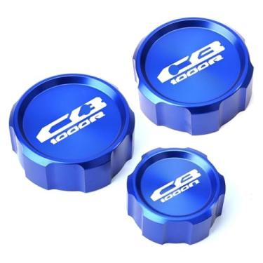 Imagem de Acessórios para motocicletas, tampas de reservatório de fluido de freio da embreagem dianteira traseira compatível com CB1000R CB 1000R Cb1000 R 2009-2015 2016 (3 tampas azuis)