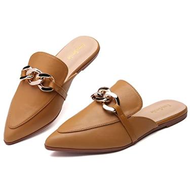 Imagem de EasySmile Mules planas para decoração de corrente de metal para mulheres, bico fino, fechado, mocassins sem cadarço, sem costas nuas, sapatos mules, Corrente de metal marrom, 9.5 US