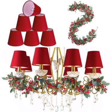 Imagem de Glooglitter 6 peças de abajures de candelabro de Natal 7,5 x 12,8 cm com guirlanda de Natal de baga vermelha de 1,8 m com clipe de Natal para lustres para decoração de festas