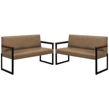 Imagem de Conjunto 2 Sofás De 2 Lugares Niterói Couro Bege Em Metal Preto