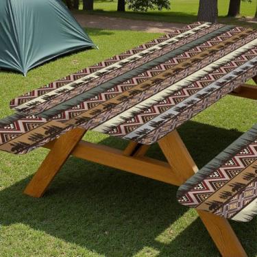 Imagem de Capa de mesa de piquenique rústica vintage com capas de banco, capa de mesa reutilizável para acampamento com elástico, ao ar livre, à prova de vento, impermeável, retangular, toalha de mesa e capas