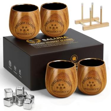 Imagem de SALUNA Conjunto de 4 copos de uísque de madeira, copo de bourbon de madeira carbonizada, conjuntos de copos de uísque, presentes de bourbon para homens, pai ou irmão no aniversário, Natal, aniversário